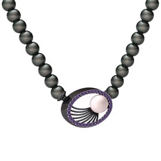 Pembe inci, siyah inci ve ametist 925 ayar siyah rodyum kaplama gümüş kolye