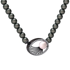 Pembe inci, siyah inci ve beyaz zirkon 925 ayar siyah rodyum kaplama gümüş kolye