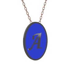 Mineli Harf Kolye - 925 ayar siyah rodyum kaplama gümüş kolye (Lacivert mineli, 40 cm rose altın rolo zincir) #oqiqoy