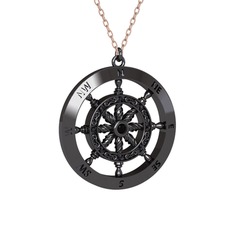 Vasco Dümen Kolye - Siyah zirkon 925 ayar siyah rodyum kaplama gümüş kolye (40 cm rose altın rolo zincir) #10xg5fx