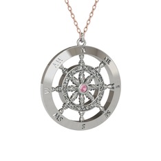 Pembe kuvars 14 ayar beyaz altın kolye (40 cm rose altın rolo zincir)