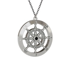 Siyah zirkon 14 ayar beyaz altın kolye (40 cm gümüş rolo zincir)