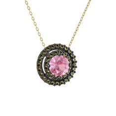 Lyra Kolye - Pembe kuvars ve peridot 925 ayar siyah rodyum kaplama gümüş kolye (40 cm altın rolo zincir) #11avizi