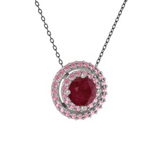 Kök yakut ve pembe kuvars 18 ayar beyaz altın kolye (40 cm gümüş rolo zincir)