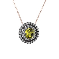Peridot ve beyaz zirkon 925 ayar siyah rodyum kaplama gümüş kolye (40 cm rose altın rolo zincir)