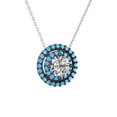 Swarovski ve akuamarin 925 ayar siyah rodyum kaplama gümüş kolye (40 cm beyaz altın rolo zincir)