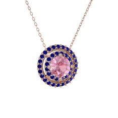 Pembe kuvars ve lab safir 8 ayar rose altın kolye (40 cm gümüş rolo zincir)