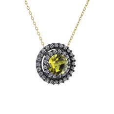 Lyra Kolye - Peridot ve pırlanta 925 ayar siyah rodyum kaplama gümüş kolye (0.351 karat, 40 cm altın rolo zincir) #1gefjsk