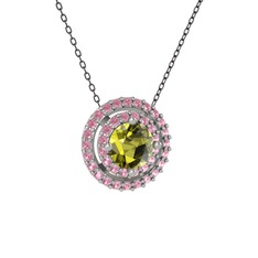 Peridot ve pembe kuvars 18 ayar beyaz altın kolye (40 cm gümüş rolo zincir)