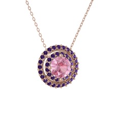 Lyra Kolye - Pembe kuvars ve ametist 18 ayar rose altın kolye (40 cm rose altın rolo zincir) #1idntee