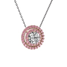 Beyaz zirkon ve pembe kuvars 14 ayar rose altın kolye (40 cm gümüş rolo zincir)