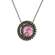 Lyra Kolye - Pembe kuvars ve peridot 925 ayar siyah rodyum kaplama gümüş kolye (40 cm gümüş rolo zincir) #1j0iz5l