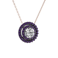 Swarovski ve ametist 925 ayar siyah rodyum kaplama gümüş kolye (40 cm rose altın rolo zincir)