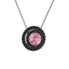 Lyra Kolye - Pembe kuvars ve siyah zirkon 925 ayar siyah rodyum kaplama gümüş kolye (40 cm gümüş rolo zincir) #1kou9jt