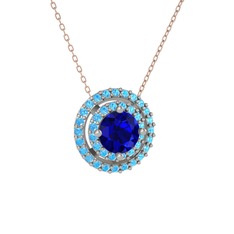 Lab safir ve akuamarin 925 ayar gümüş kolye (40 cm rose altın rolo zincir)