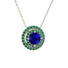 Lab safir ve yeşil kuvars 14 ayar beyaz altın kolye (40 cm rose altın rolo zincir)