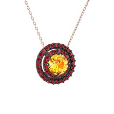 Sitrin ve garnet 925 ayar siyah rodyum kaplama gümüş kolye (40 cm rose altın rolo zincir)