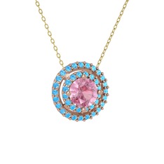 Pembe kuvars ve akuamarin 925 ayar rose altın kaplama gümüş kolye (40 cm altın rolo zincir)