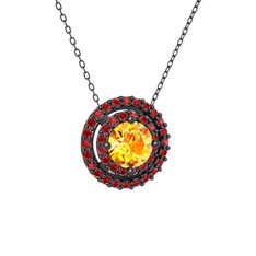 Sitrin ve garnet 925 ayar siyah rodyum kaplama gümüş kolye (40 cm gümüş rolo zincir)