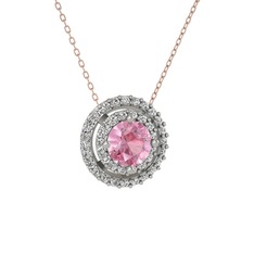 Pembe kuvars ve swarovski 14 ayar beyaz altın kolye (40 cm rose altın rolo zincir)