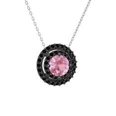 Pembe kuvars ve siyah zirkon 925 ayar siyah rodyum kaplama gümüş kolye (40 cm beyaz altın rolo zincir)