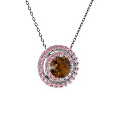 Dumanlı kuvars ve pembe kuvars 18 ayar beyaz altın kolye (40 cm gümüş rolo zincir)