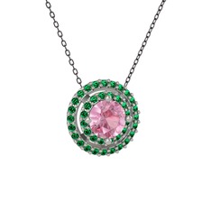 Pembe kuvars ve yeşil kuvars 14 ayar beyaz altın kolye (40 cm gümüş rolo zincir)