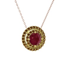 Kök yakut ve dumanlı kuvars 14 ayar altın kolye (40 cm rose altın rolo zincir)