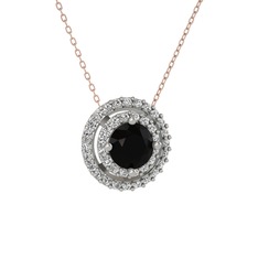 Siyah zirkon ve swarovski 14 ayar beyaz altın kolye (40 cm rose altın rolo zincir)