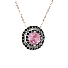 Pembe kuvars ve siyah zirkon 14 ayar beyaz altın kolye (40 cm rose altın rolo zincir)