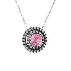 Pembe kuvars ve beyaz zirkon 925 ayar siyah rodyum kaplama gümüş kolye (40 cm beyaz altın rolo zincir)