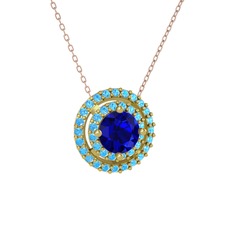 Lab safir ve akuamarin 14 ayar altın kolye (40 cm rose altın rolo zincir)