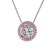 Swarovski ve pembe kuvars 8 ayar beyaz altın kolye (40 cm gümüş rolo zincir)