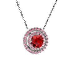Garnet ve pembe kuvars 14 ayar beyaz altın kolye (40 cm gümüş rolo zincir)