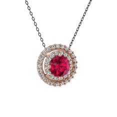 Rodolit garnet ve beyaz zirkon 18 ayar rose altın kolye (40 cm gümüş rolo zincir)