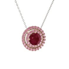 Kök yakut ve pembe kuvars 8 ayar rose altın kolye (40 cm beyaz altın rolo zincir)