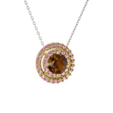 Dumanlı kuvars ve pembe kuvars 8 ayar altın kolye (40 cm beyaz altın rolo zincir)