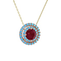 Kök yakut ve akuamarin 925 ayar rose altın kaplama gümüş kolye (40 cm altın rolo zincir)