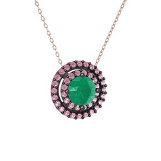 Kök zümrüt ve pembe kuvars 925 ayar siyah rodyum kaplama gümüş kolye (40 cm rose altın rolo zincir)