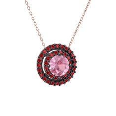 Pembe kuvars ve garnet 925 ayar siyah rodyum kaplama gümüş kolye (40 cm rose altın rolo zincir)