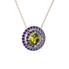 Peridot ve ametist 8 ayar beyaz altın kolye (40 cm gümüş rolo zincir)