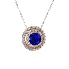 Lab safir ve beyaz zirkon 925 ayar rose altın kaplama gümüş kolye (40 cm beyaz altın rolo zincir)