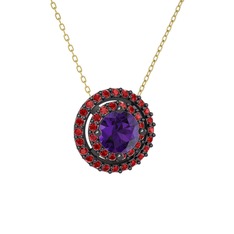 Ametist ve garnet 925 ayar siyah rodyum kaplama gümüş kolye (40 cm altın rolo zincir)