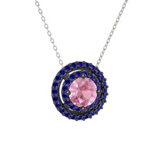 Pembe kuvars ve lab safir 925 ayar siyah rodyum kaplama gümüş kolye (40 cm beyaz altın rolo zincir)