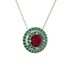 Kök yakut ve yeşil kuvars 18 ayar beyaz altın kolye (40 cm rose altın rolo zincir)