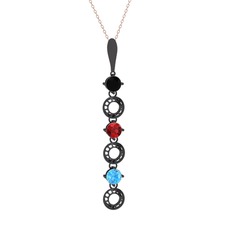 Siyah zirkon, garnet ve akuamarin 925 ayar siyah rodyum kaplama gümüş kolye (40 cm gümüş rolo zincir)
