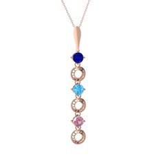 Lab safir, akuamarin ve pembe kuvars 8 ayar rose altın kolye (40 cm rose altın rolo zincir)