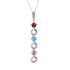 Leilani Kolye - Garnet, akuamarin ve pembe kuvars 14 ayar beyaz altın kolye (40 cm altın rolo zincir) #12j4t0