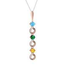 Akuamarin, yeşil kuvars ve sitrin 925 ayar rose altın kaplama gümüş kolye (40 cm beyaz altın rolo zincir)