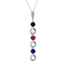 Siyah zirkon, garnet ve lab safir 14 ayar beyaz altın kolye (40 cm rose altın rolo zincir)